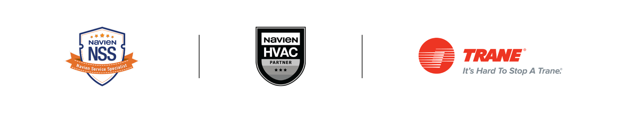 Logos for Navien Service Specialist, and HVAC partner, and Trane